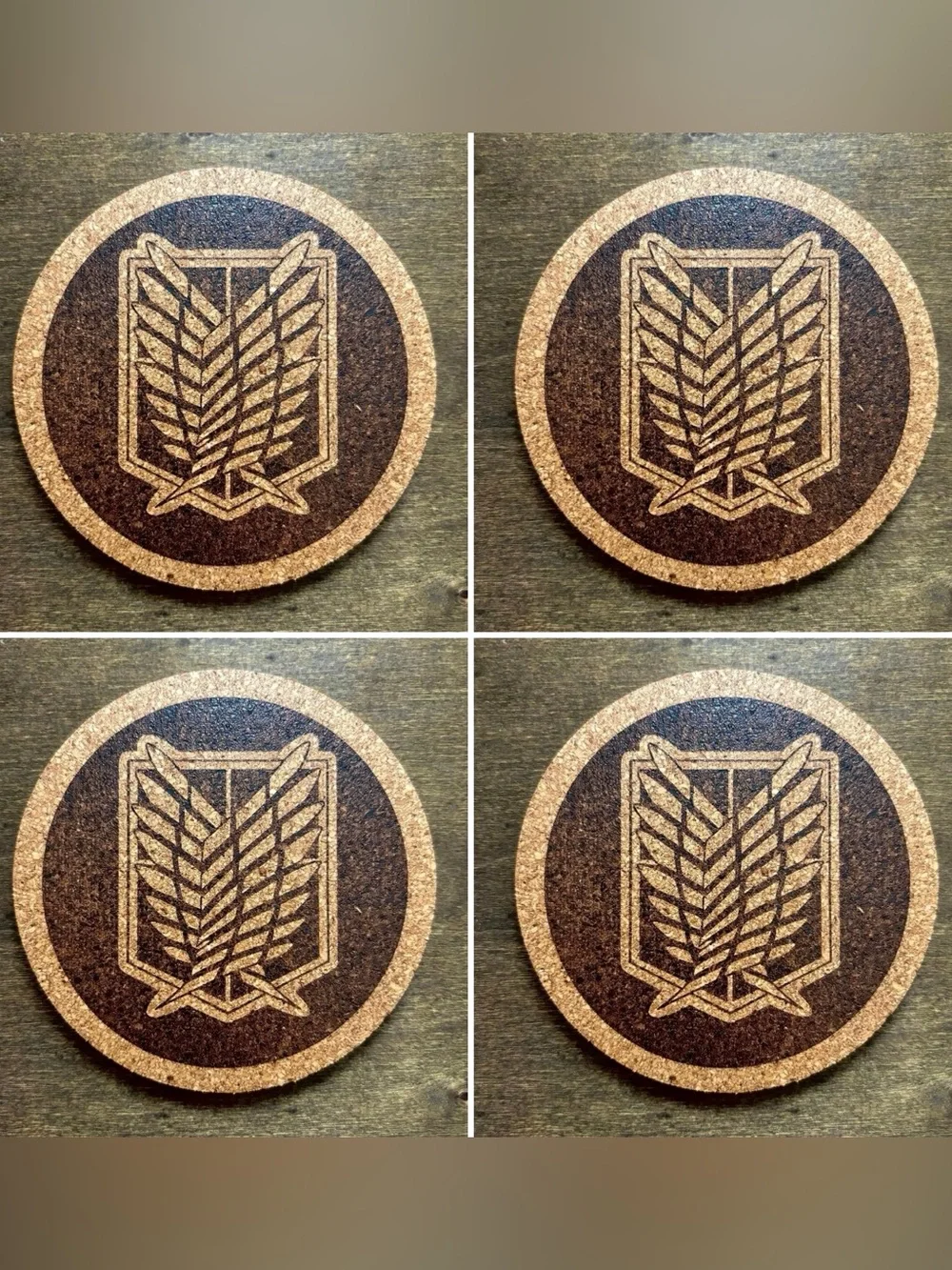 Attack On Titan Survey Corps Logo Laser Engraved Cork Coasters Lot of 4